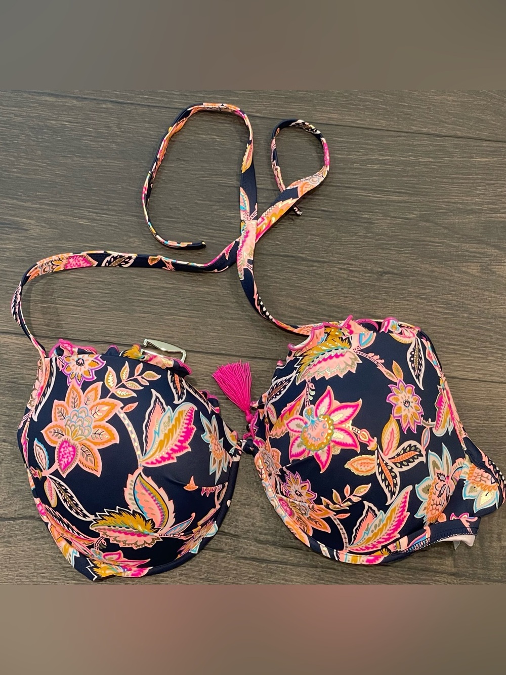 Shade & Shore Navy Floral Halter Bikini Top with Pink Tassel
